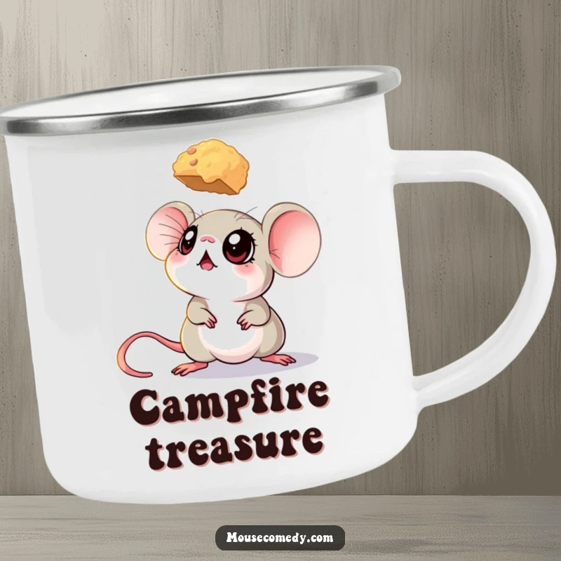 Funny mouse camping mug with a mouse’s big eyes looking up at a hovering crumb, symbolizing a tasty reward.