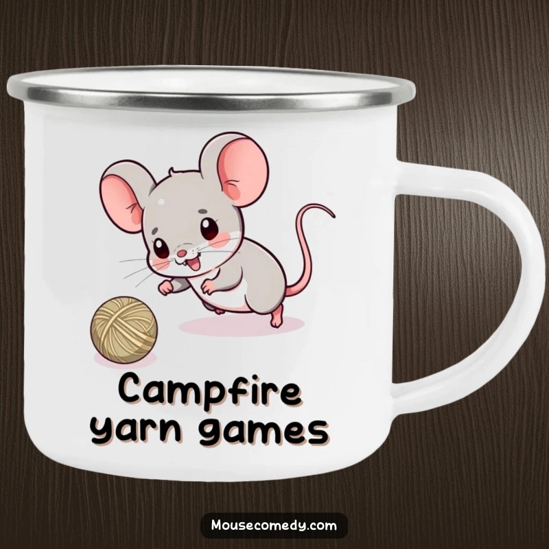 Funny camping mug with a kawaii mouse playfully chasing a ball of string, ready for outdoor adventures and cozy sips by the fire.