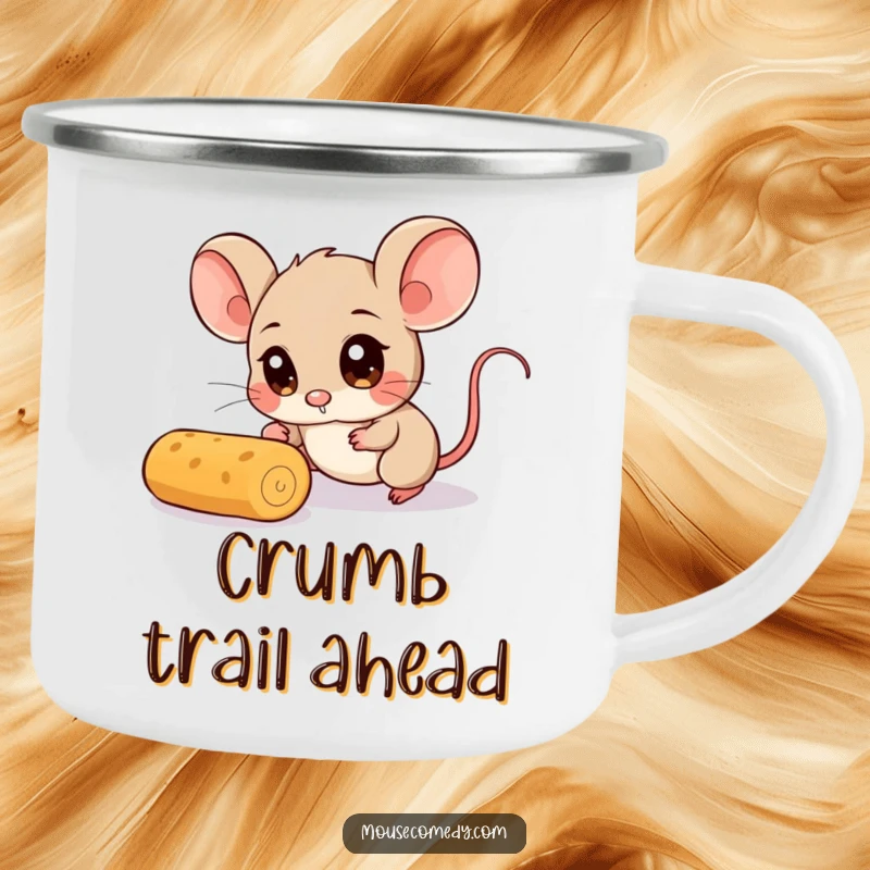 Funny Mouse Camping Mug: A rugged camping mug featuring a mouse with huge, wide eyes, hilariously chasing a rolling crumb.