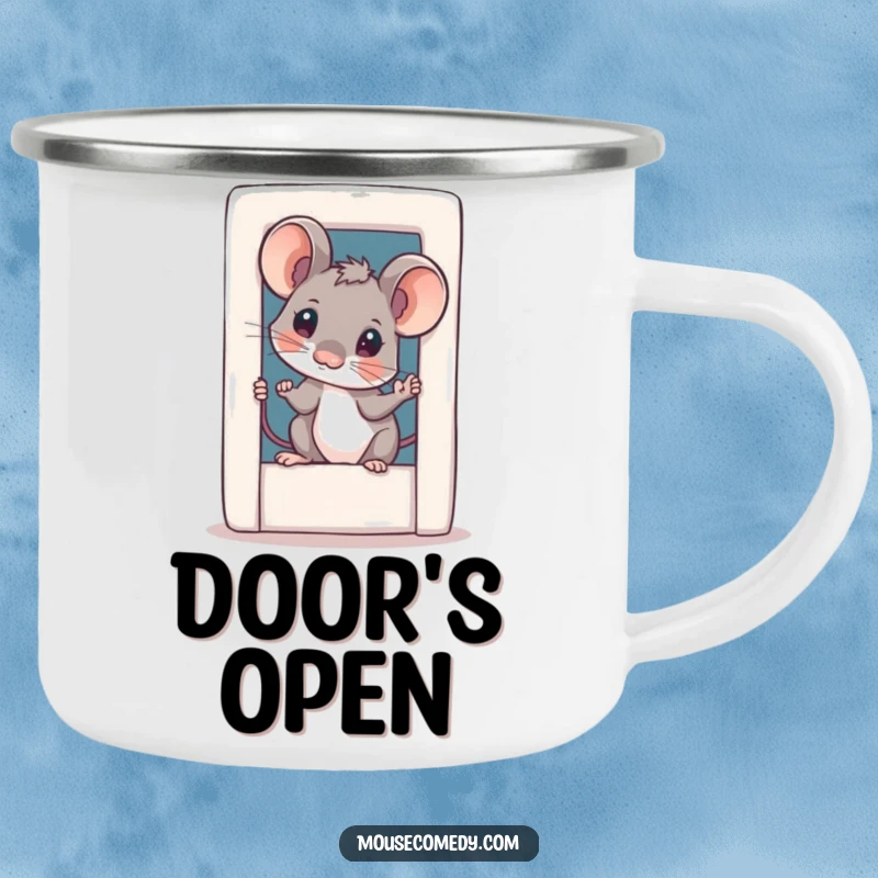Funny curious mouse camping mug, showing a small mouse with a tilted head peeking from a miniature door, perfect for the outdoors.