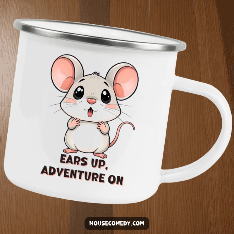 Funny surprised mouse camping mug, enamel, ears up in shock, outdoor gear, humorous and durable gift.