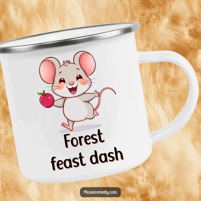 Funny mouse camping mug with a cheerful mouse running with a berry, its joyful squeak adding to the outdoor ambiance.