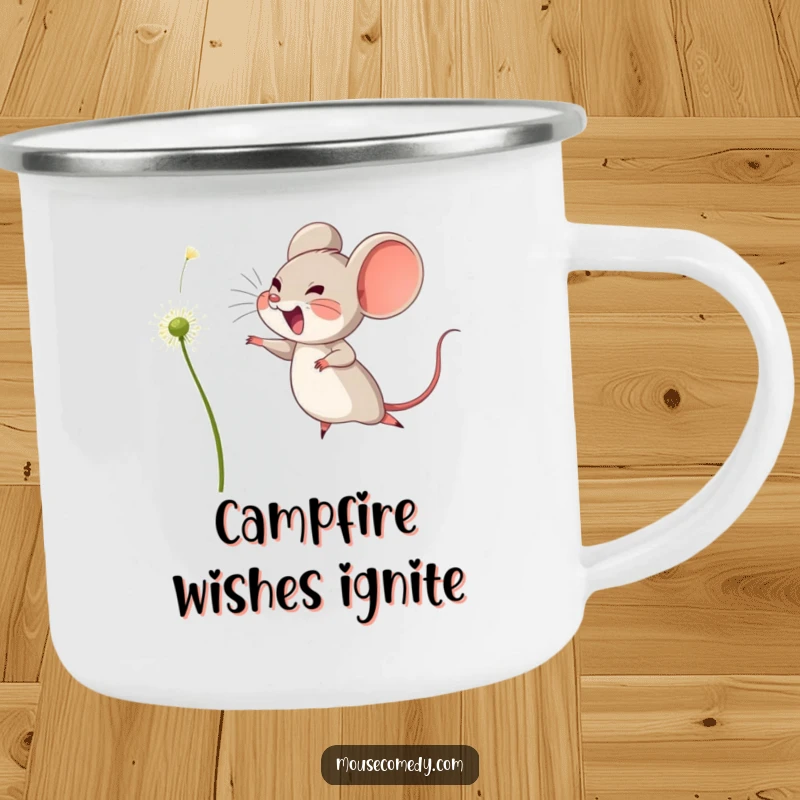 Funny camping mug with a joyful mouse leaping to catch a floating dandelion seed, ready for outdoor adventures and hopeful sips.