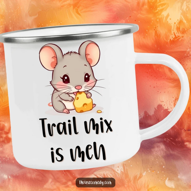 Funny camping mug with a cheerful mouse enjoying a piece of cheese by a campfire, ready for outdoor adventures and good times.