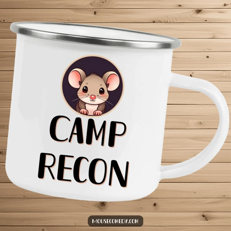 Funny mouse camping mug with a curious mouse peeking its head out from a small, round hole, ready for exploration.