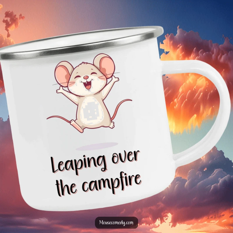 Funny camping mug with a happy mouse doing a joyful leap, perfect for spirited outdoor enthusiasts.