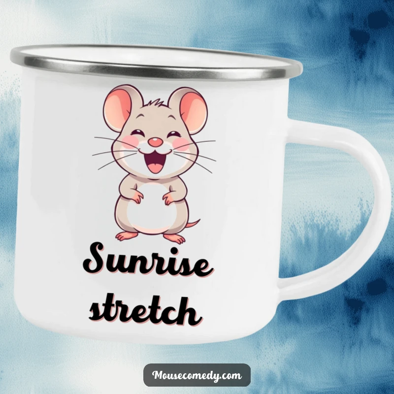 Funny joyful mouse camping mug, with a happy squeak, stretching its whiskers, perfect for outdoor enjoyment.