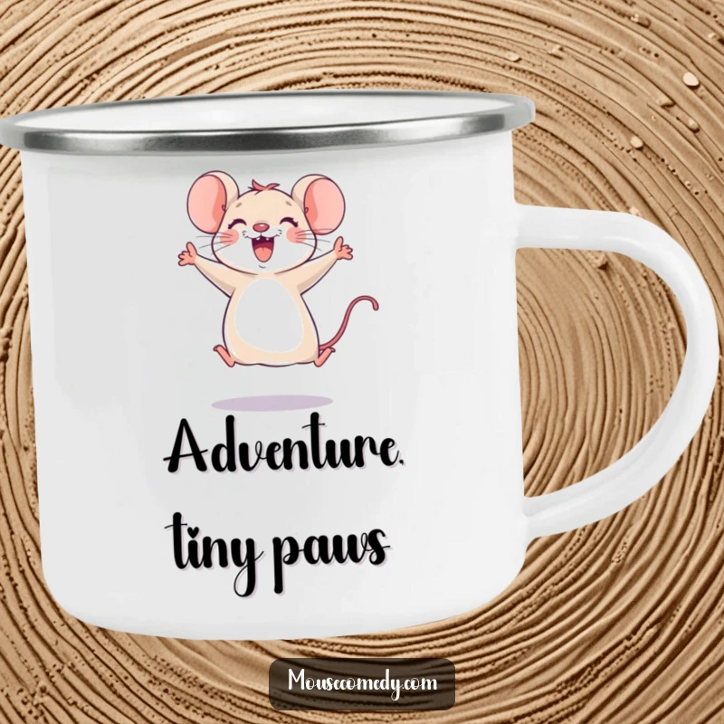 Funny mouse camping mug featuring a joyful mouse leaping with excitement, ready for adventure, durable and humorous for outdoor enthusiasts.