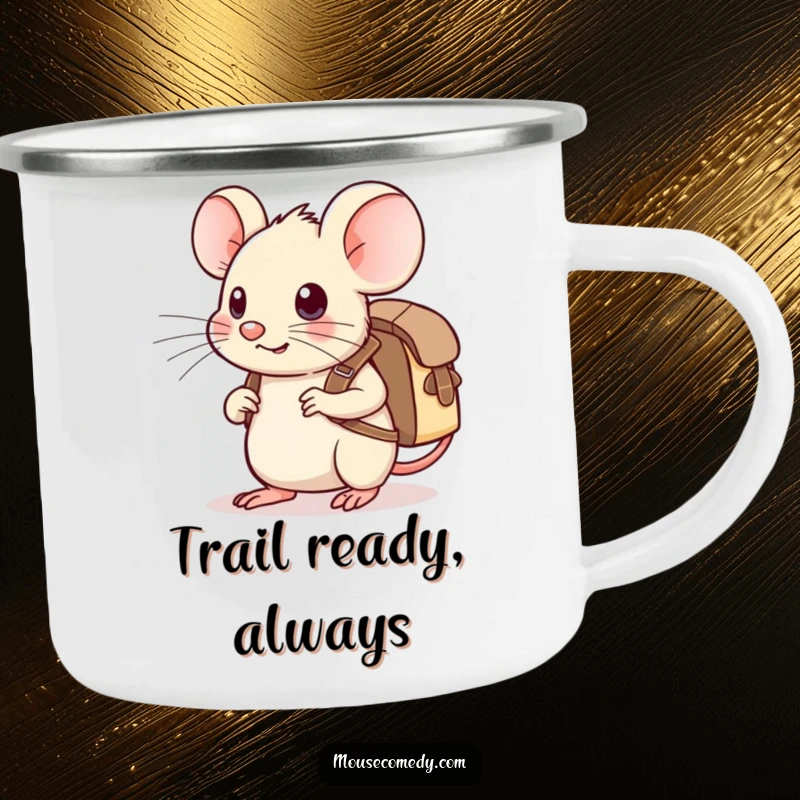 Funny Kawaii Mouse Camping Mug: A cute mouse with a tiny backpack, ready for adventure in a scenic outdoor setting.