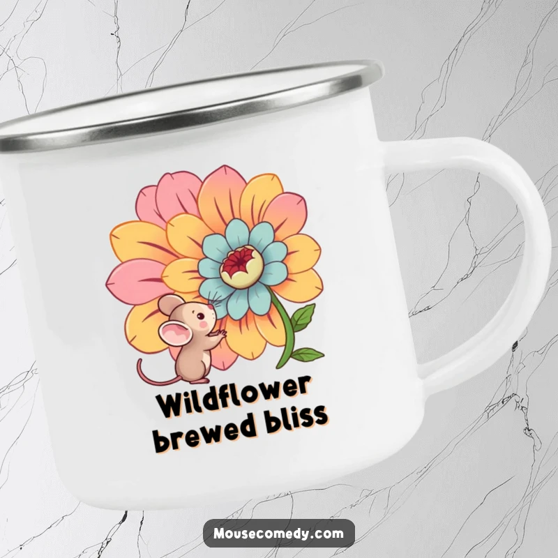 Funny kawaii mouse admiring a huge, vibrant flower, perfect for outdoor sipping on this durable camping mug.