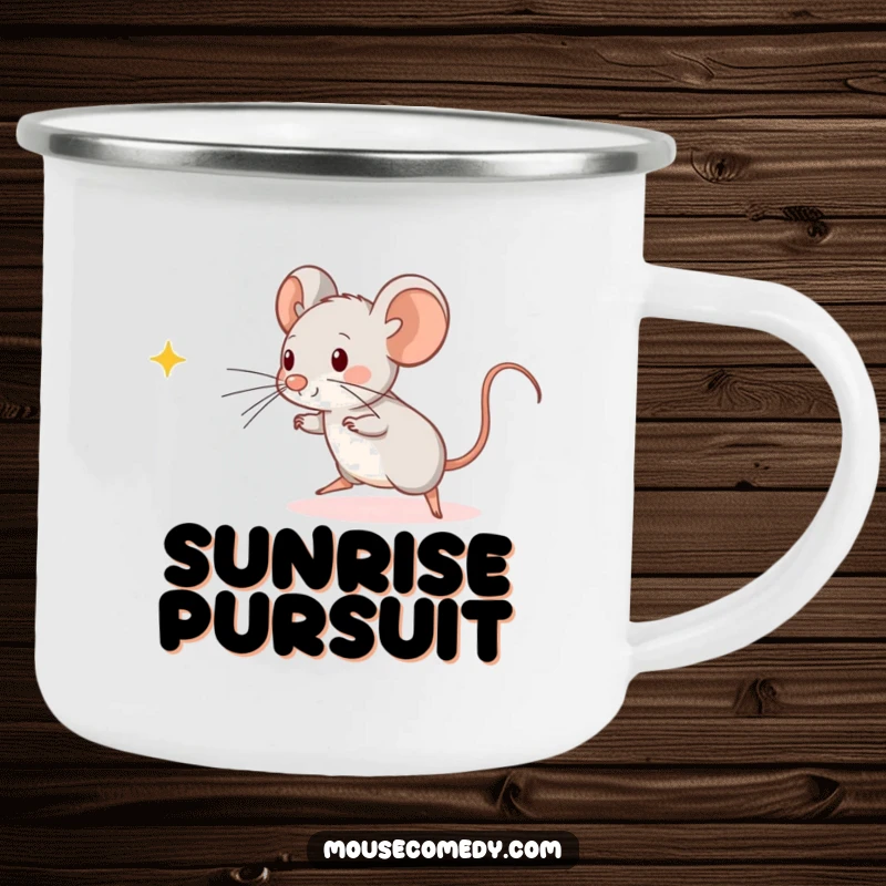 Funny Kawaii Mouse Camping Mug: A cute mouse with camping gear, playfully chasing a beam of light in the wilderness.