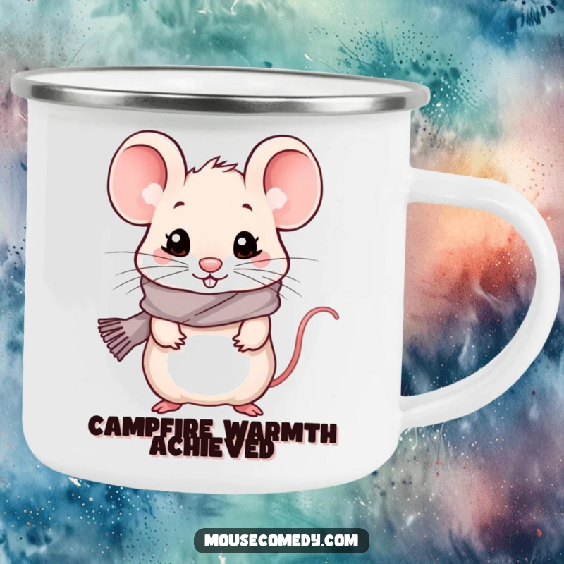 Funny kawaii mouse wearing a tiny scarf, looking cold but happy on an enamel camping mug.