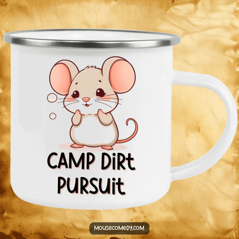 Funny Kawaii Mouse Camping Mug: A cute mouse playfully batting at a dust mote during an outdoor adventure.
