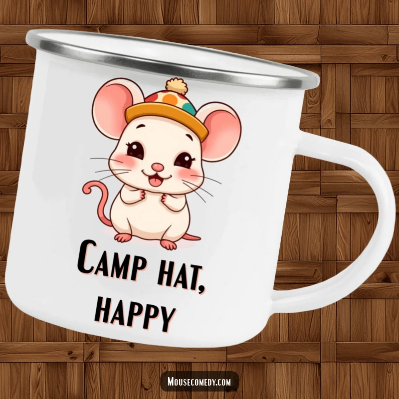 Funny Kawaii Mouse Camping Mug: A cute mouse wearing a silly hat, looking comically pleased in a camping setting.