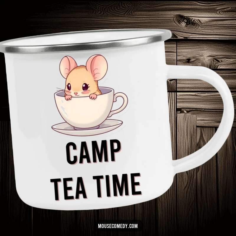 Funny kawaii mouse peeking from inside a miniature teacup on an enamel camping mug for outdoor journeys.