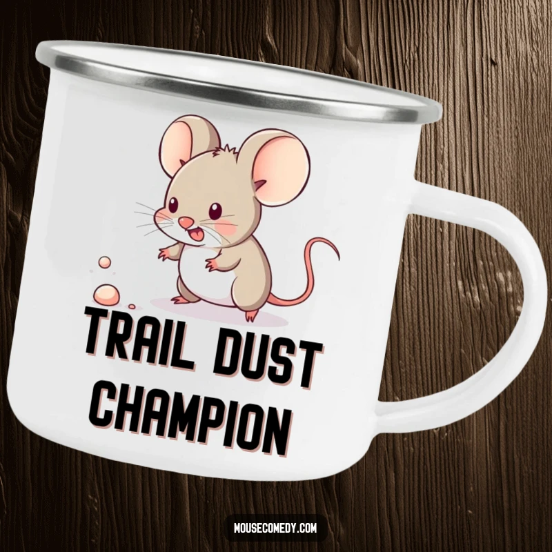 Funny kawaii mouse energetically chasing a particle of dust on an enamel camping mug for outdoor adventures.