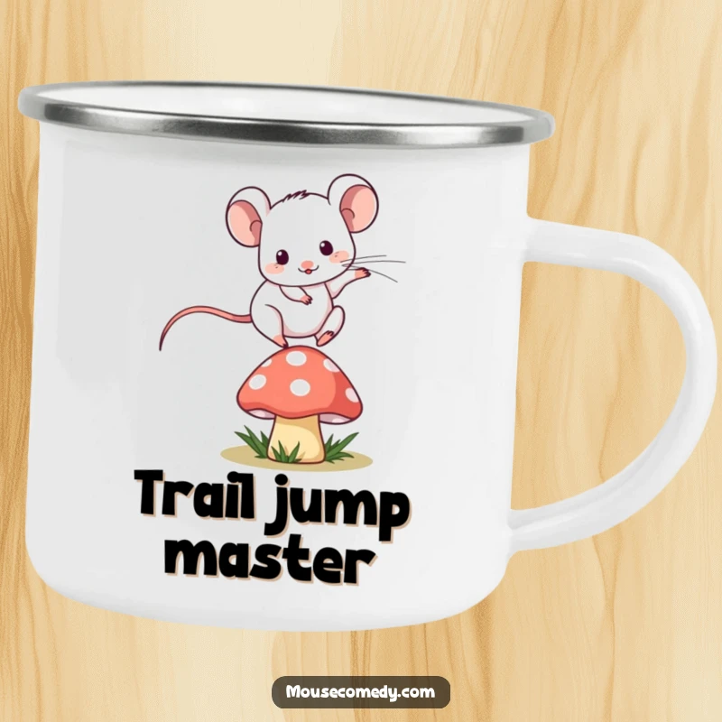 Funny kawaii mouse playfully jumping over a miniature mushroom on an enamel camping mug for outdoor journeys.