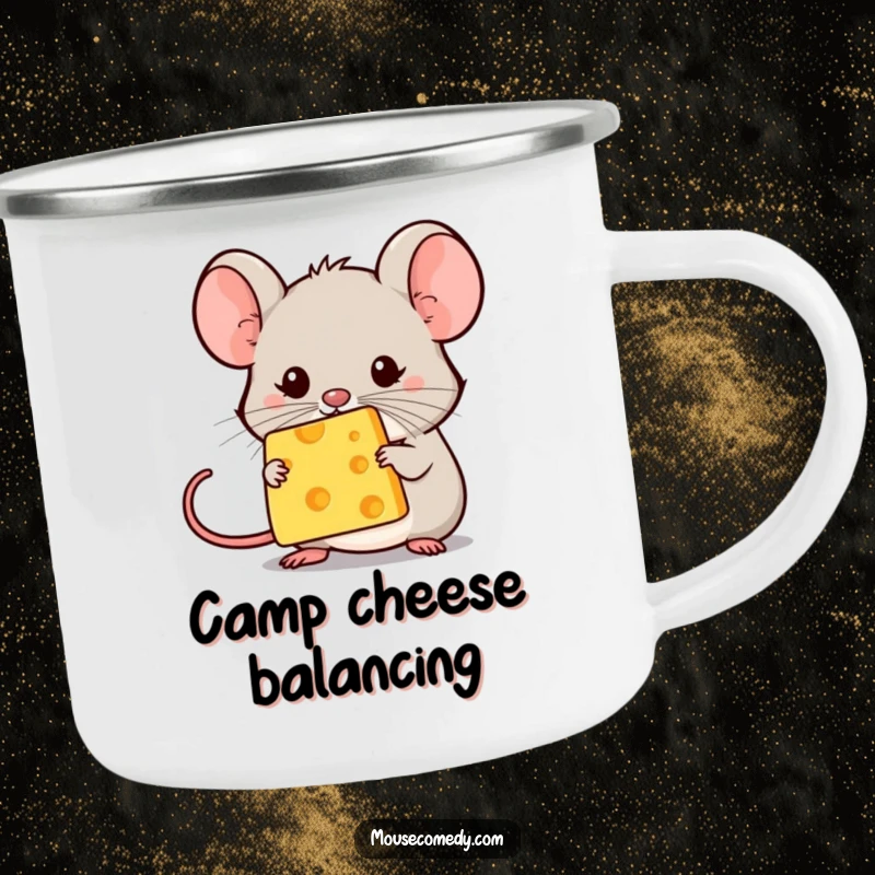 Funny kawaii mouse balancing a speck of cheese on its nose, ready for camping. Sturdy and funny gift.