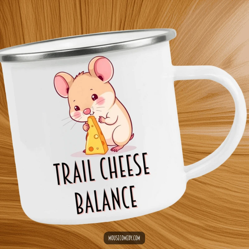 Funny kawaii mouse camping mug, illustrating a cute mouse balancing a tiny cheese speck on its nose during an outdoor adventure.