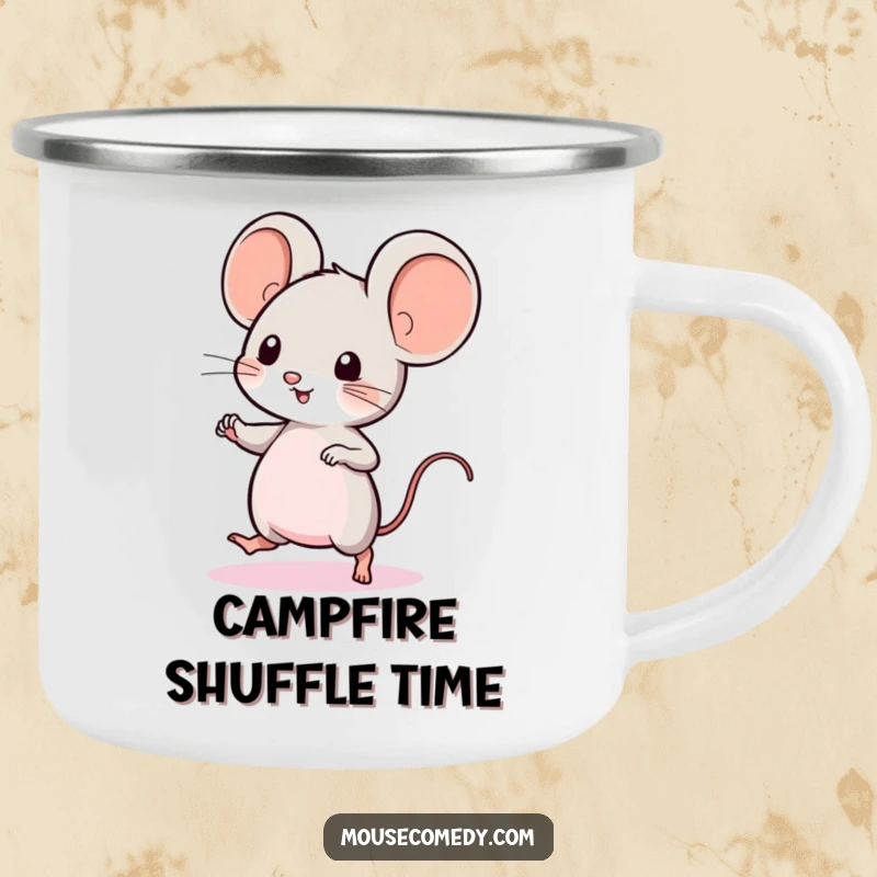 Funny Kawaii Mouse Camping Mug: a cute mouse with big ears, doing a quick dance, perfect for outdoor adventures.
