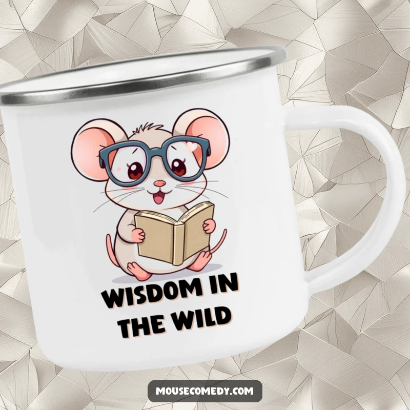 Funny Kawaii Mouse Camp Mug: Sturdy mug with a cute mouse wearing glasses, reading a book outdoors.