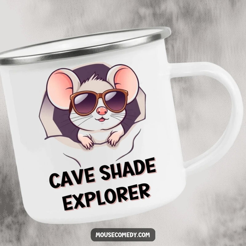 Funny kawaii mouse in sunglasses, peeking from a hole, ready for camping. Sturdy and funny gift.