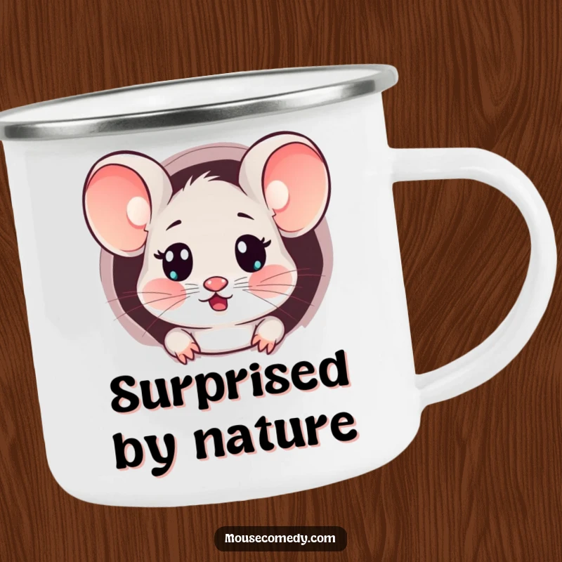 Funny Kawaii Surprised Mouse Camping Mug: A camping mug featuring a mouse with a surprised expression peeking from a tiny hole.