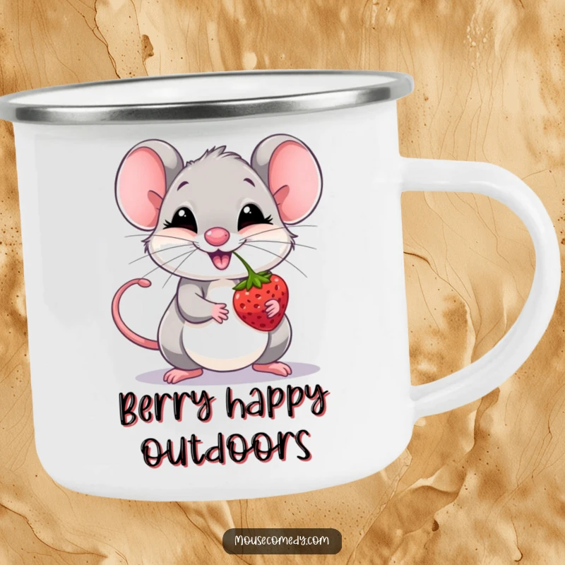 Funny giggling mouse balancing a berry on its nose, perfect for outdoor drinks on a camping mug.