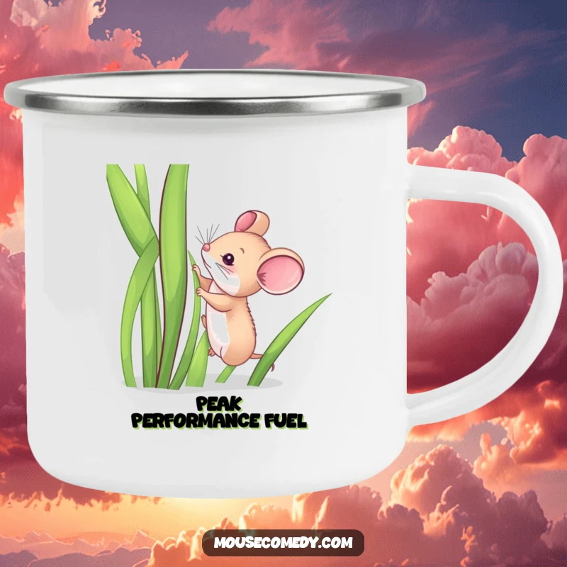 Funny camping mug featuring a tiny mouse climbing a tall blade of grass, perfect for adding humor to outdoor trips.