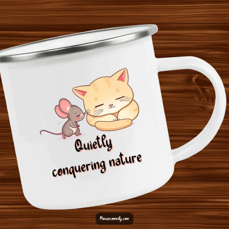 Funny mouse cautiously walking by a sleeping cat, illustrated on a durable camping mug.
