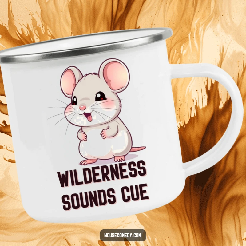 Funny camping mug showing a mouse with twitching whiskers, eagerly listening for a sound, perfect for nature lovers and adventurers.