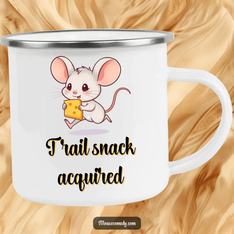 Funny mouse camping mug showing a small mouse with huge ears running with cheese, ready for campfire stories.