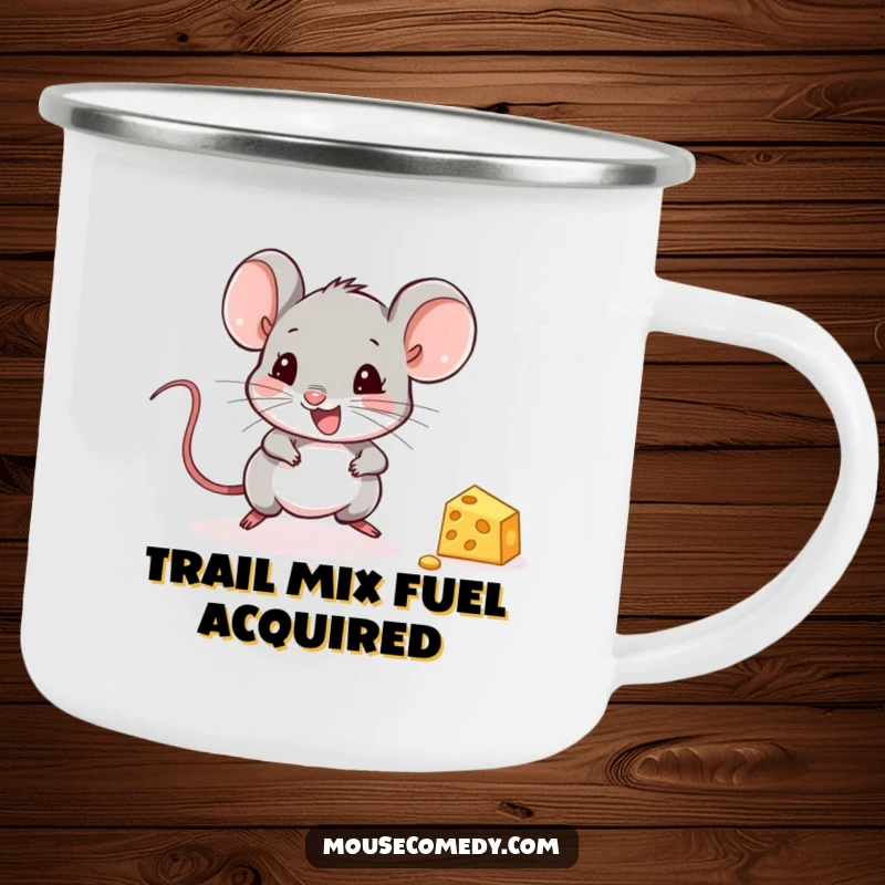 Funny Mouse Camping Mug: A cute mouse joyfully chasing cheese, ready for outdoor fun and hot drinks.
