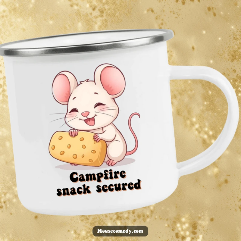 Funny Mouse Camping Mug: A joyful mouse with twitching whiskers holds a large crumb, ready for adventure.