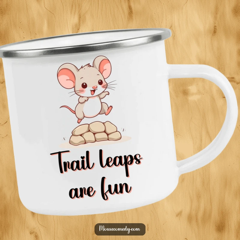 Funny Mouse Camping Mug: A playful mouse leaping over an obstacle, ready for outdoor adventures.