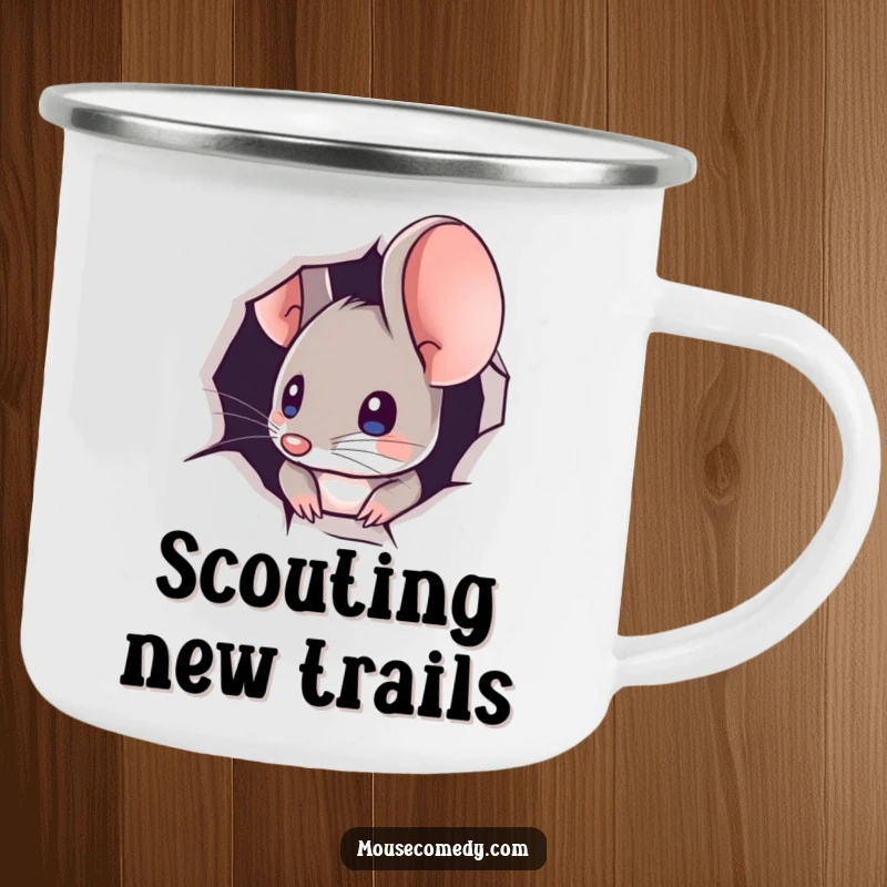 Funny camping mug depicting a mouse peeking out from a minuscule hole, designed for outdoor enthusiasts seeking fun.