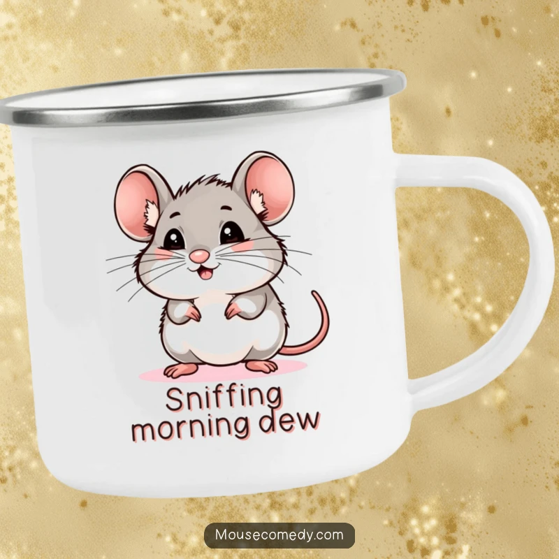 Funny mouse camping mug showing a rodent with excited whiskers sniffing the air, ideal for outdoor adventures, a humorous funny gift.