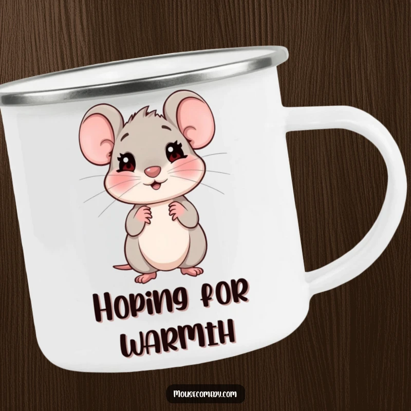Funny camping mug with a shy mouse giving an expectant look, perfect for adding gentle humor to trips.