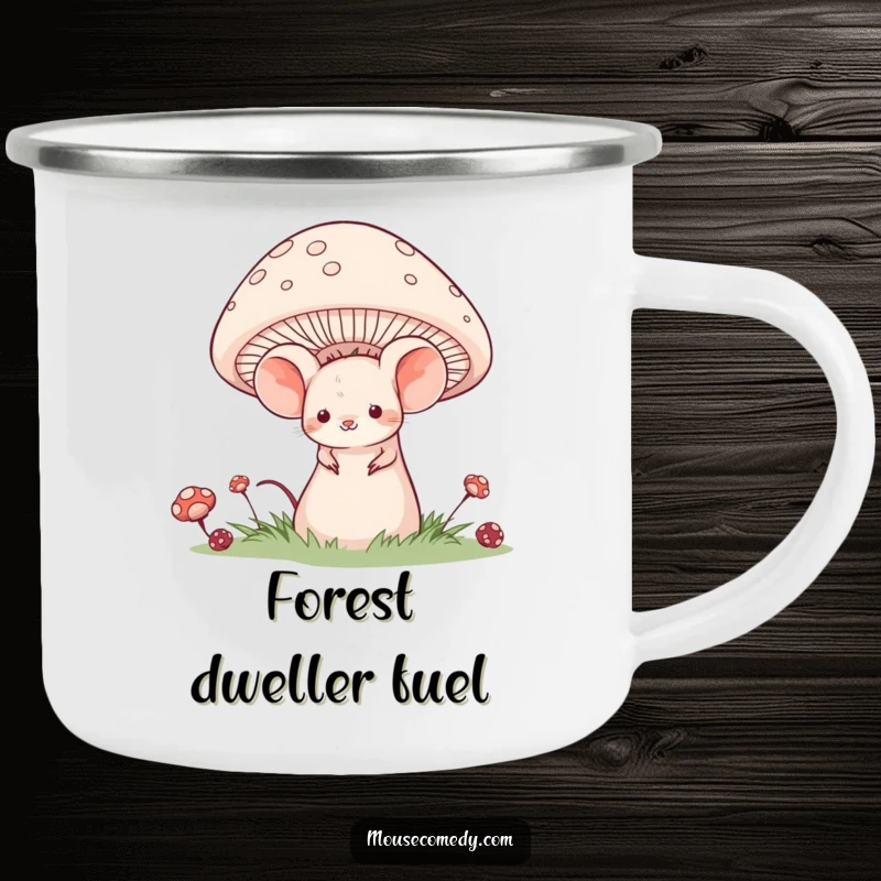 Funny enamel camping mug showing a shy mouse with a sweet smile, peeking from behind a large mushroom.