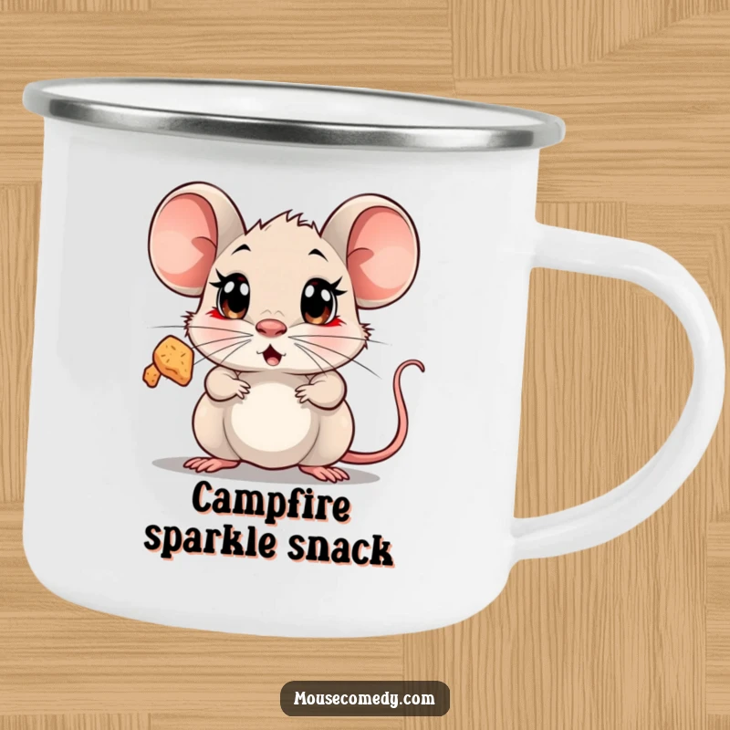 Funny Surprised Mouse Camping Mug showing a mouse with wide, shocked eyes looking up in amazement at a floating, sparkling crumb.