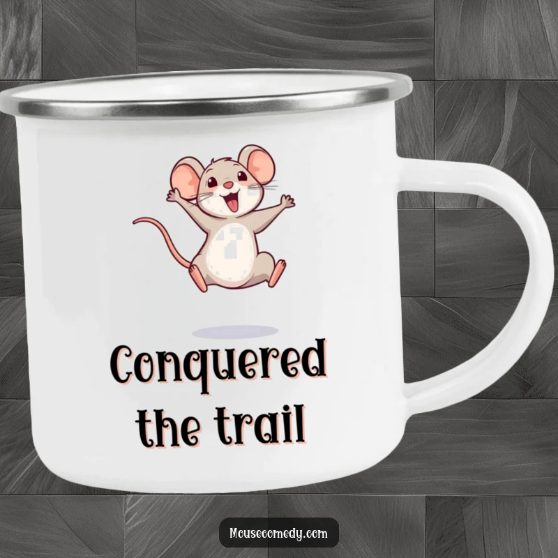 Funny enamel camping mug showcasing a small mouse in a triumphant leap with its tail held high, celebrating outdoors.