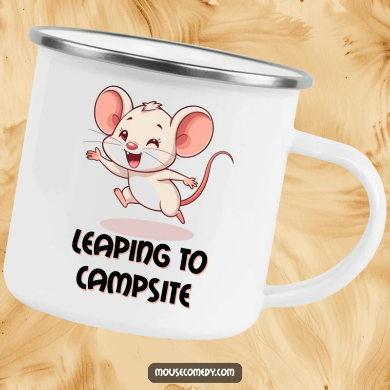 Funny Mouse Cub Camping Mug: A durable camping mug featuring a mouse cub doing an enthusiastic but clumsy leap in mid-air.