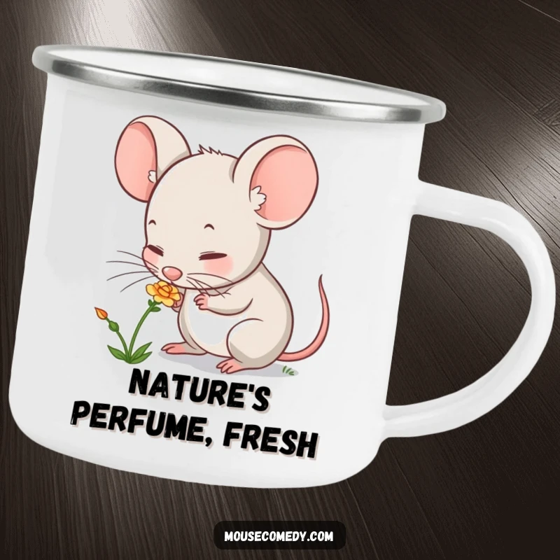 Funny mouse camping mug with a cute character curiously sniffing a flower, ideal for enjoying drinks during outdoor adventures.