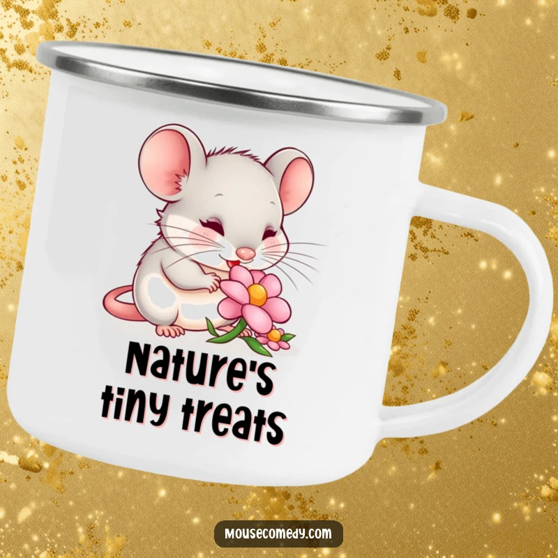 Funny mouse camping mug featuring a content mouse peacefully nibbling a flower petal, perfect for enjoying quiet moments in the great outdoors.