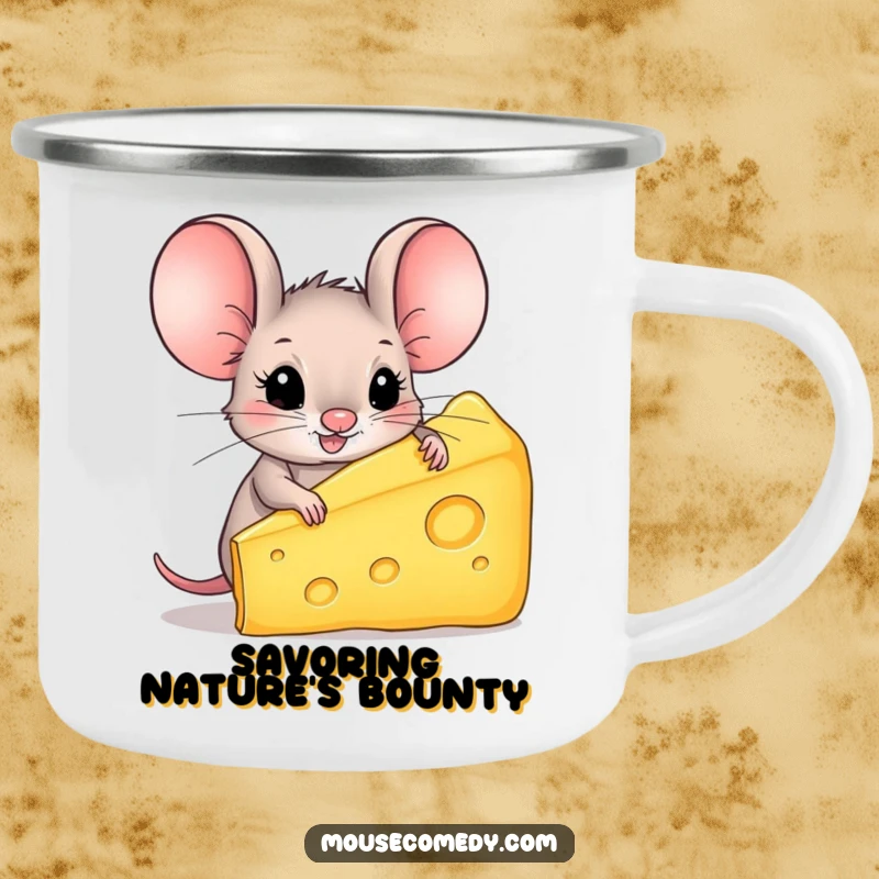 Funny Mouse Camping Mug: A large-eared mouse happily holds a giant chunk of cheese, perfect for outdoor adventures.