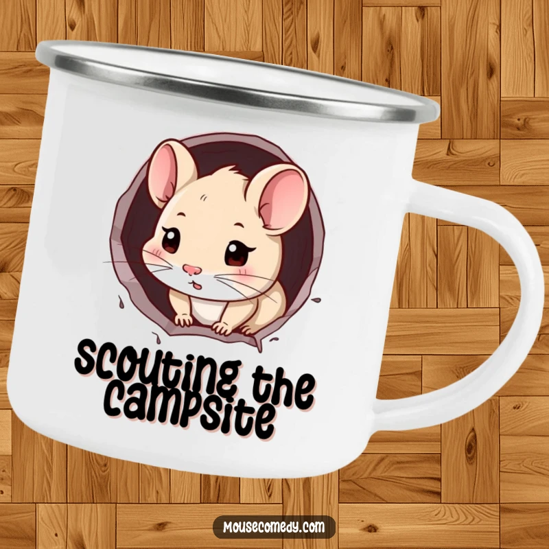 Funny Mouse Camping Mug: A curious mouse peeking from a wall hole, ready for outdoor exploration.