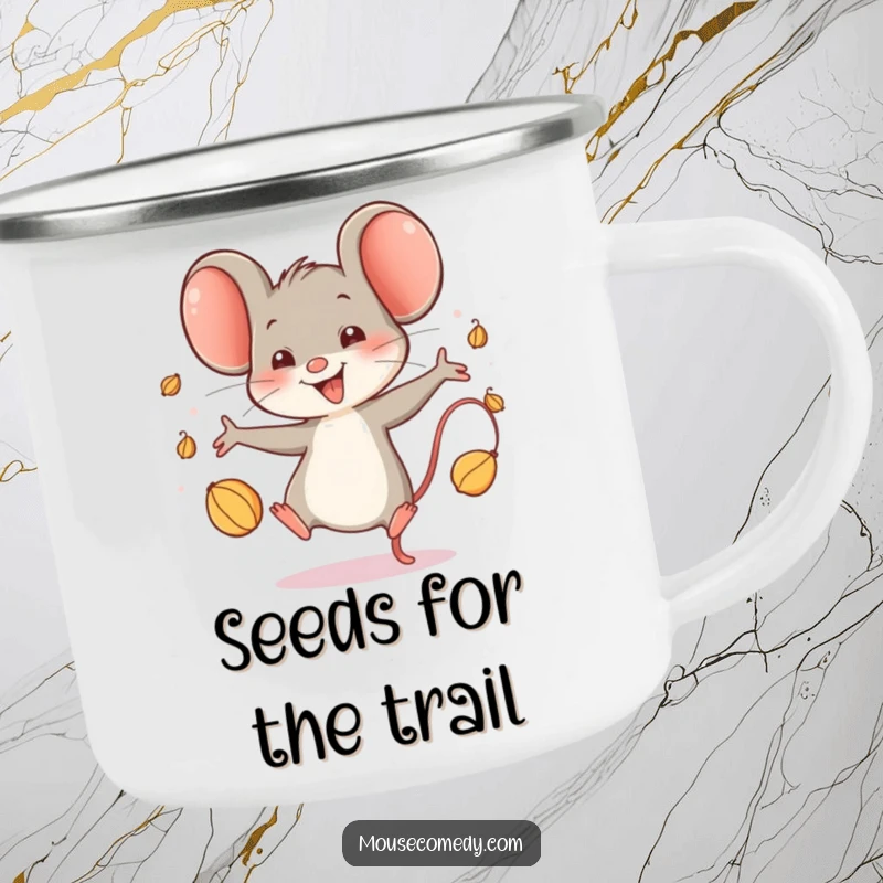 Funny Happy Mouse Camping Mug: A durable camping mug depicting a mouse character joyfully juggling seeds, ideal for funny outdoor moments.