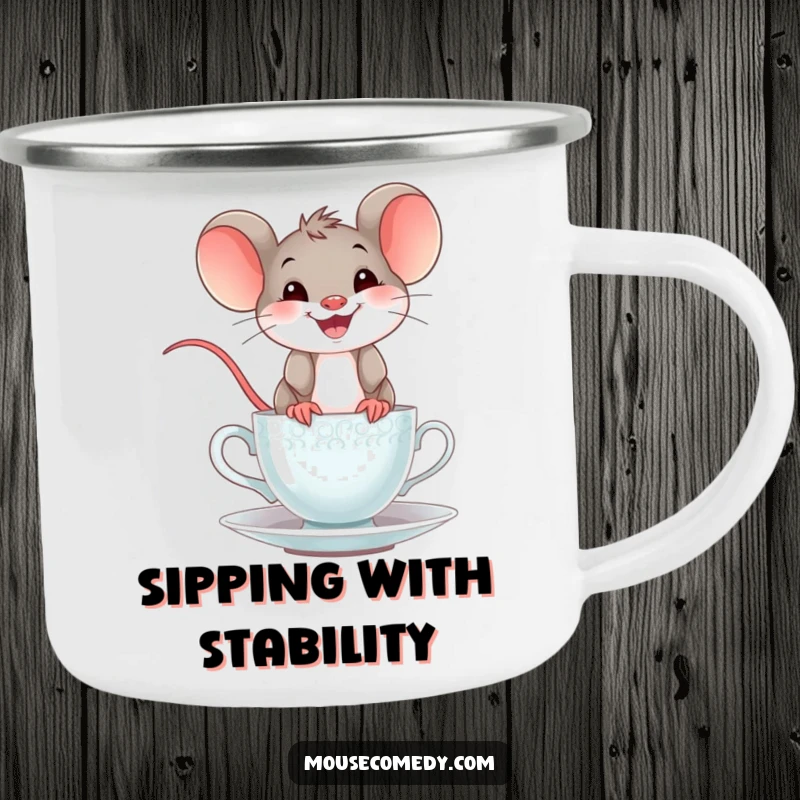 Funny mouse teacup camping mug showing a happy mouse with a wide grin balancing on a teacup, suitable for outdoor beverage enjoyment.