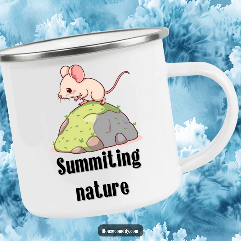 Funny camping mug with a determined kawaii mouse climbing a miniature hill, ideal for outdoor enthusiasts who appreciate motivational humor.