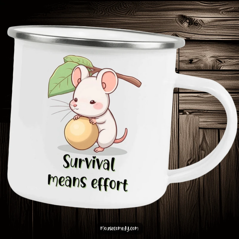 Funny enamel camping mug showing a small mouse struggling to carry a seed much larger than itself.
